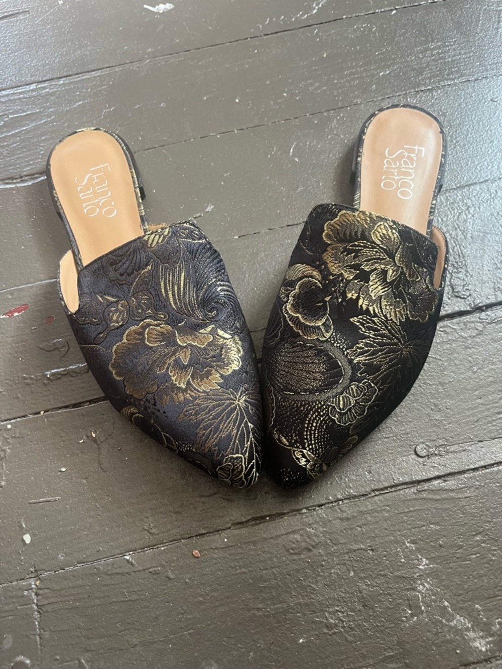 Franco Sarto Black Mules with Gold Floral Embroidery